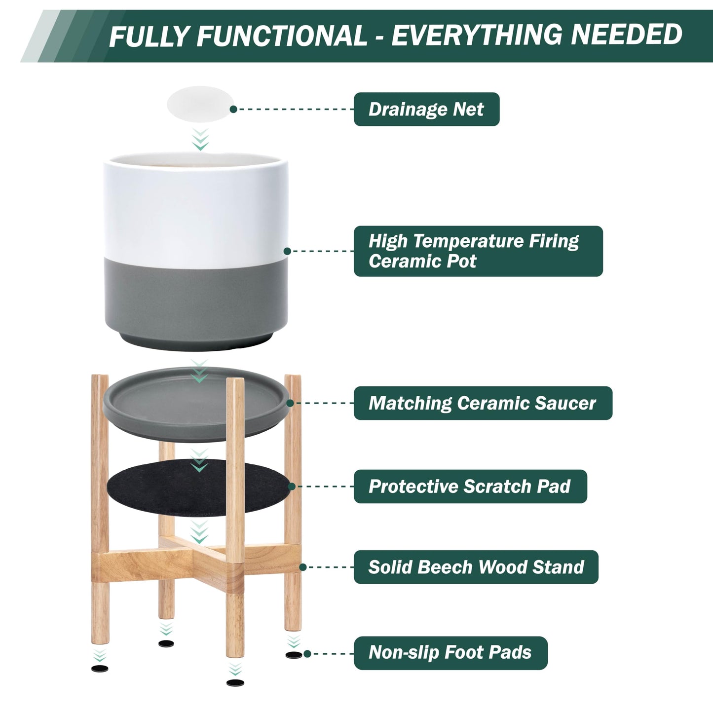 D'vine Dev Ceramic Planter with Natural Stand - 10 Inch Modern Round Flower Pot with Wood Planter Holder, White/Grey, 55-B-K-6