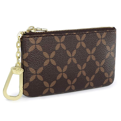 Rauder Luxury Zip Key Chain Pouch | Mini Coin Purse Wallet Card Holder with Clasp | for Men Women - Coated Canvas (Brown)