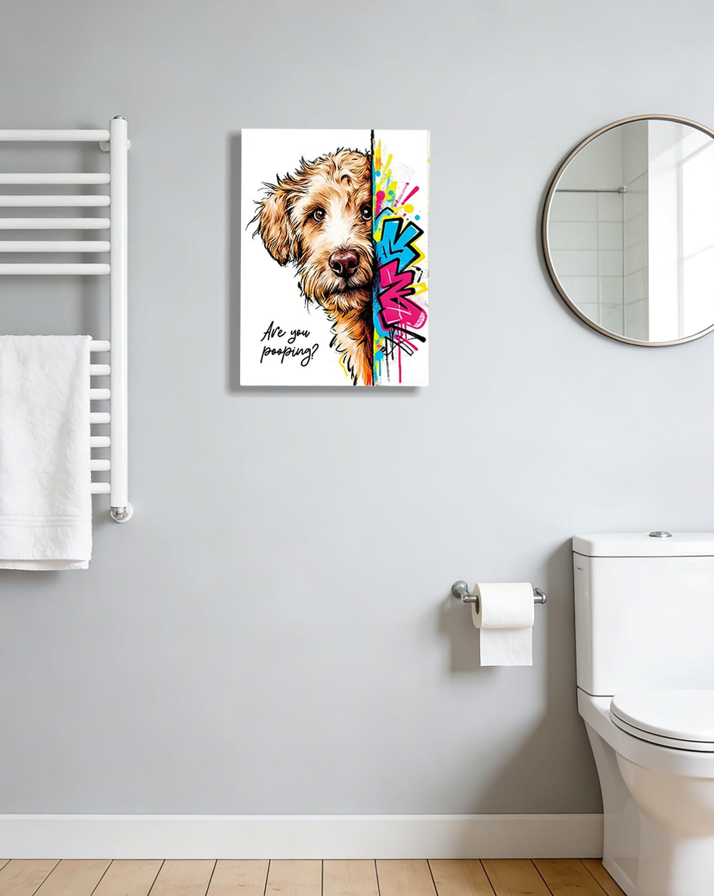 12x16“ Funny Goldendoodle Dog Bathroom Wall Art, Are You Pooping? Graffiti Pet Canvas Print, Humorous Restroom Poster Decor for Bathroom Toilet, Modern Pop Art Dog Lover Picture (Framed)