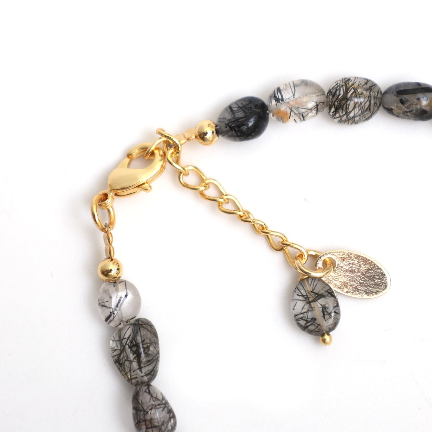 Gempires Gift Black Rutile Crystal Bracelets for Women, Beaded Bracelets, Oval Shape Crystals, Black Crystal Bracelets, Handmade, 8 inch 14k Gold Plated Adjustable Chain