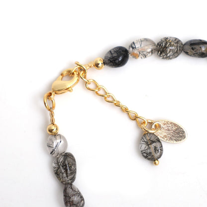 Gempires Gift Black Rutile Crystal Bracelets for Women, Beaded Bracelets, Oval Shape Crystals, Black Crystal Bracelets, Handmade, 8 inch 14k Gold Plated Adjustable Chain