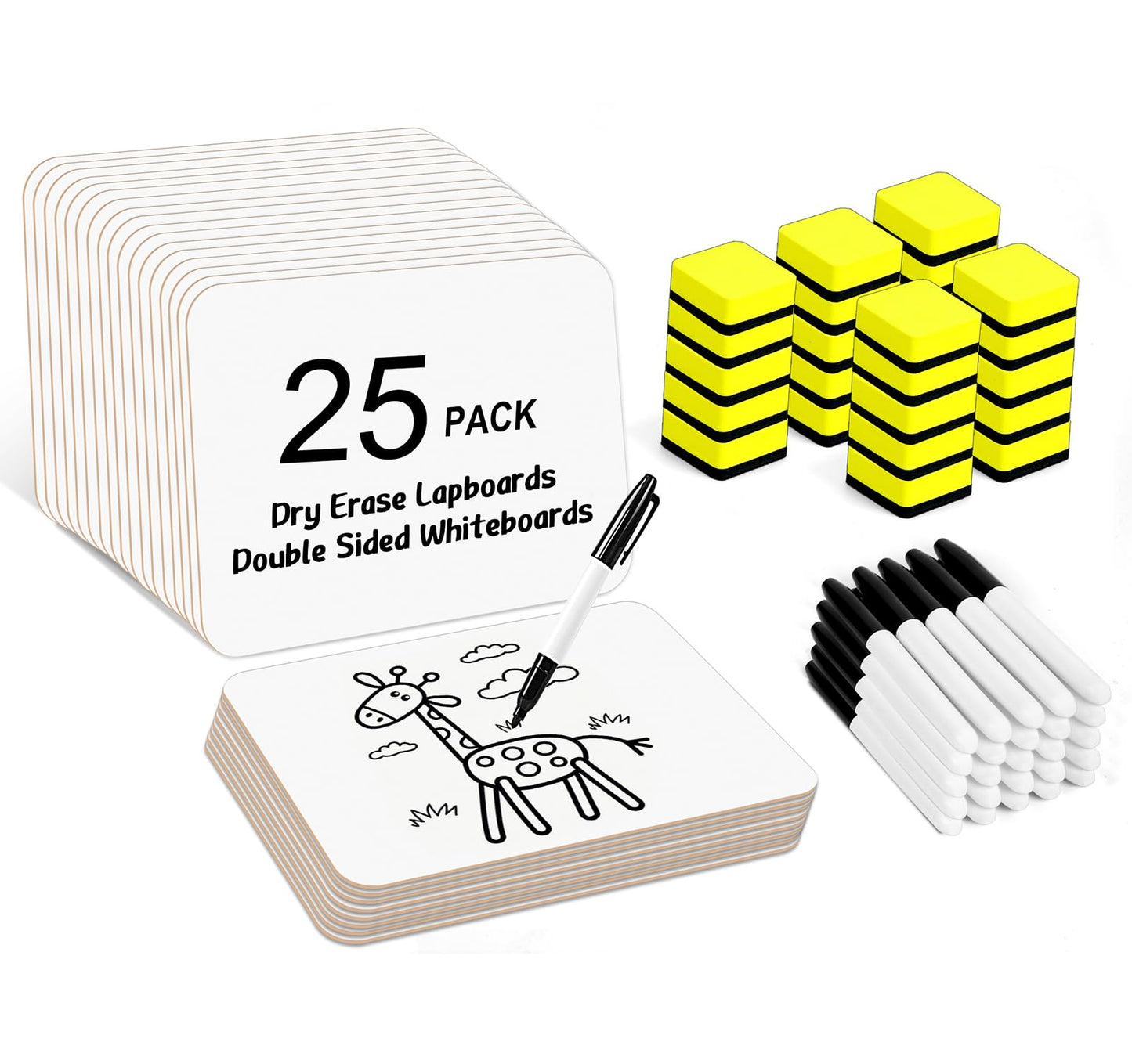 Dry Erase Lapboards, HERKKA 25 Pack Double Sided Dry Erase Lap Boards 9 x 12.5 Inch, 25 Markers, 25 Erasers, Small Dry Erase Boards for Students Classroom Teacher Supplies
