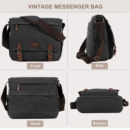 Mactso Vintage Messenger Bag 15.6 Inch Laptop for Men Women, Large Travel Crossbody Shoulder Purse with Luggage Strap,Canvas Briefcase Work Office College (Black-Upgrade)