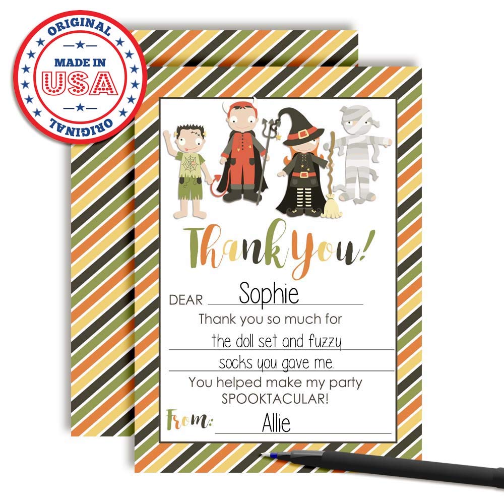 Halloween Costume Party Thank You Notes for Kids, Ten 4" x 5.5" Fill In The Blank Cards with 10 White Envelopes by AmandaCreation