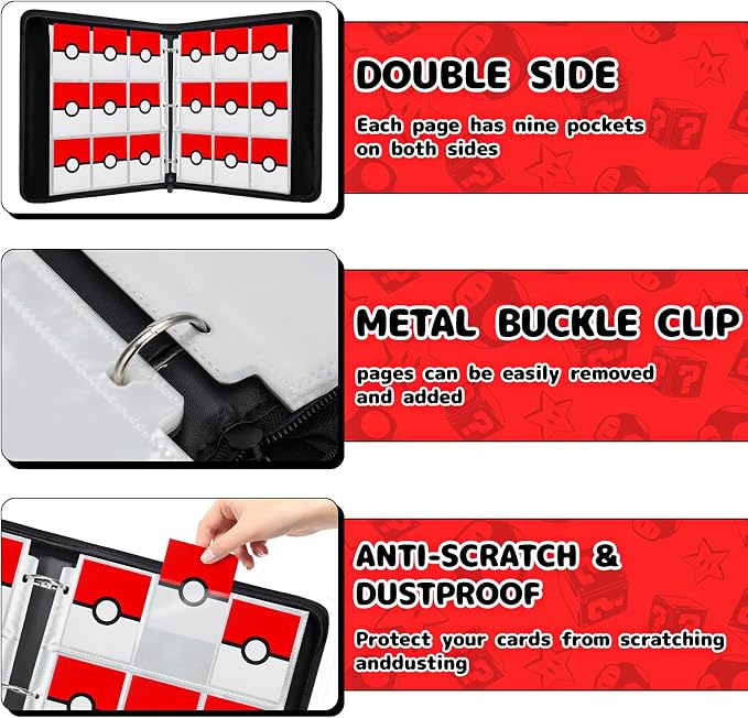 Card Binder 9 Pocket, 900 Pockets Extra Large Trading Card Binder with Zipper, PU Leather Waterproof Card Album Holder, 3-Ring Collectible Card Book for TCG, MTG, Game Cards，Red & White