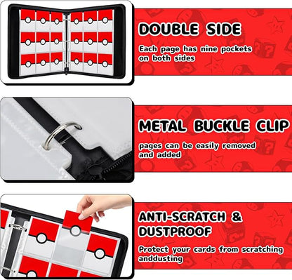 Card Binder 9 Pocket, 900 Pockets Extra Large Trading Card Binder with Zipper, PU Leather Waterproof Card Album Holder, 3-Ring Collectible Card Book for TCG, MTG, Game Cards，Red & White