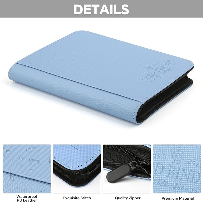 Toploader Binder, 4 Pocket Trading Card Binder Holds 128 Top Loaders, Premium Zipper Card Storage Case with Double-Sided Pockets for 3x4'' Toploaders, TCG, MTG, Sports Cards.(light blue)