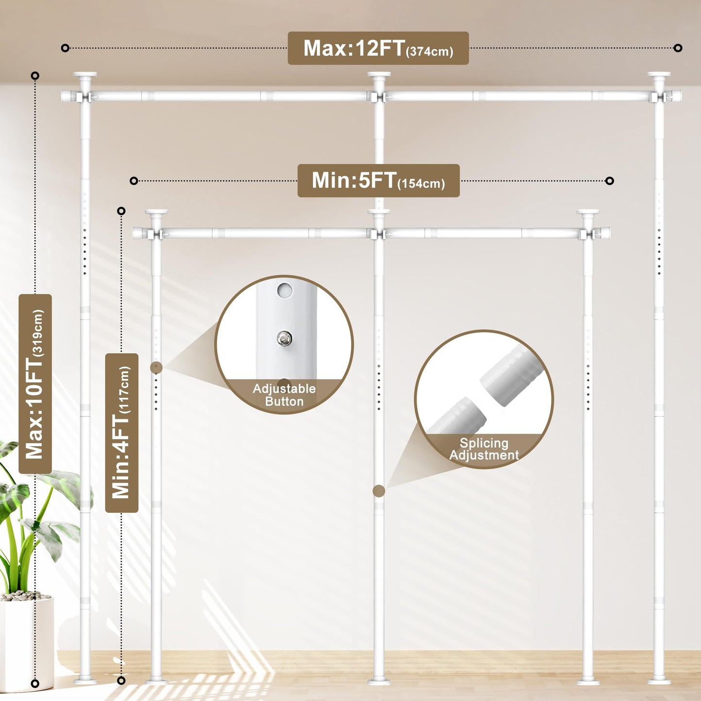 Room Divider Curtain Rod, No Drilling Tension Rod for Room Separation, Adjustable 4-10ft(H) 30-147"(W) Heavy Duty Floor to Ceiling Wall Divider Space Partition Privacy Separator, White