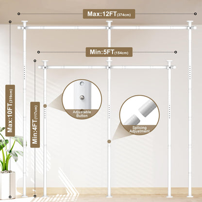 Room Divider Curtain Rod, No Drilling Tension Rod for Room Separation, Adjustable 4-10ft(H) 30-147"(W) Heavy Duty Floor to Ceiling Wall Divider Space Partition Privacy Separator, White