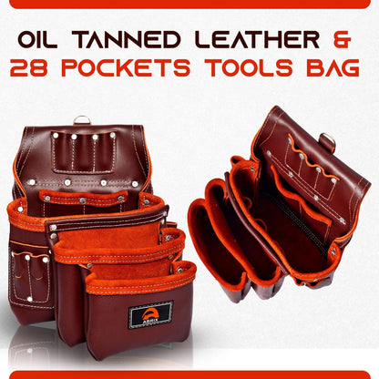 ABRIX Heavy Duty Tool Belt for Men – 4MM Thick Genuine Leather, Brass Buckle & Rivets | Foam Padded Comfort | 28-Pocket Carpenter & Framing Rig with Suspender | Work Belt Fit upto 32" to 52"