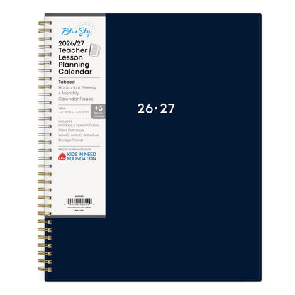 Blue Sky 2026-2027 Weekly and Monthly Academic Year Teacher Lesson Planner Calendar, July 2026 - June 2027, 8.5" x 11", Flexible Cover, Wirebound, Laminated Tabs, Storage Pocket, Solid Navy