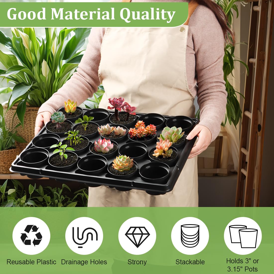 RooTrimmer 3 Inch Plastic Plant Pots 100 Pcs with 5 Pcs 20 Cell Seed Starter Trays, Thick Black Small Nursery Pots and Propagation Shuttle Trays for Seed Starting, Plant Propagation Starter Kit 5 Sets