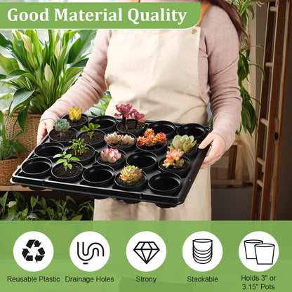 RooTrimmer 3 Inch Plastic Plant Pots 100 Pcs with 5 Pcs 20 Cell Seed Starter Trays, Thick Black Small Nursery Pots and Propagation Shuttle Trays for Seed Starting, Plant Propagation Starter Kit 5 Sets
