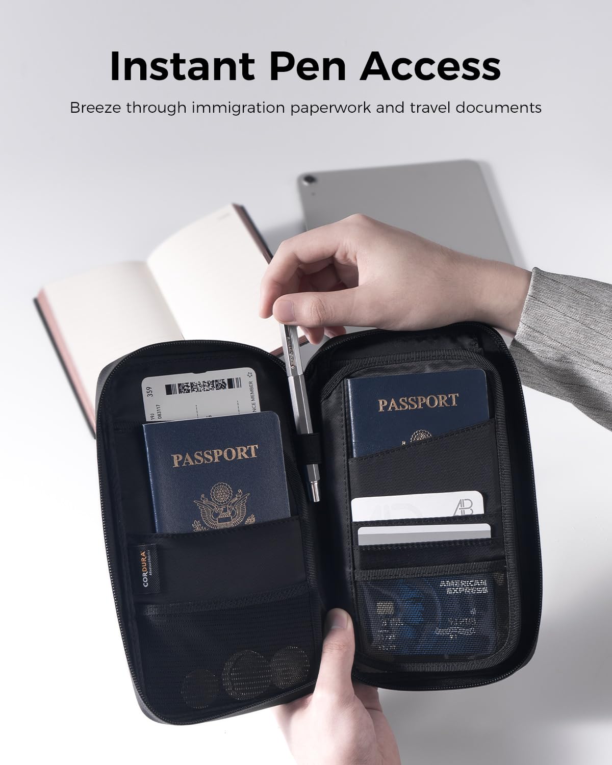 pack all Travel Passport Holder with RFID Blocker, Water-Resistant Passport Wallet with Wrist Strap, Multiple Family Airplane Document Organizer for Cards, Boarding Pass, ID, Cash, Tickets