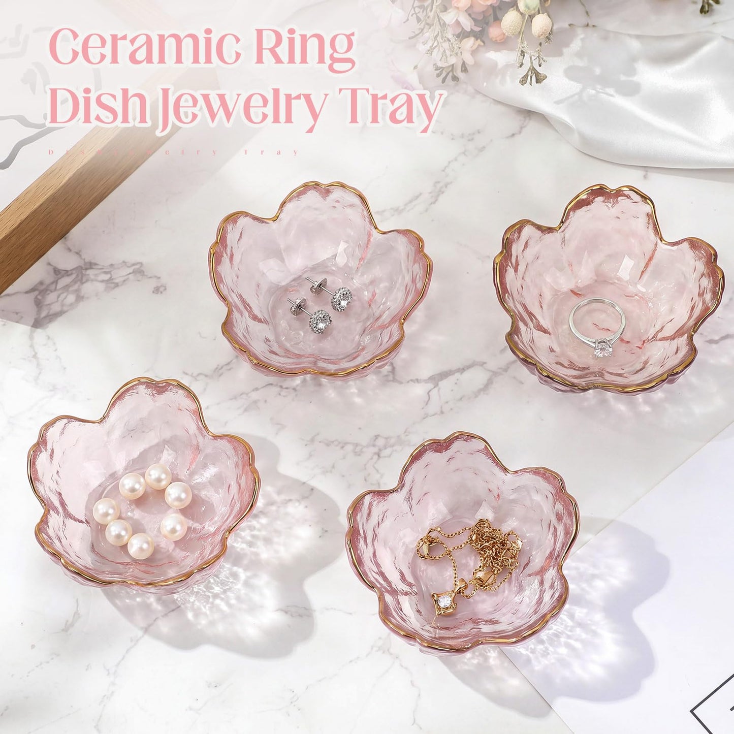 LOYIM 4 Pack Glass Jewelry Dish Small Flower Ring Holder Trinket Tray for Earrings Key Vanity Decor for Women Wedding Gift
