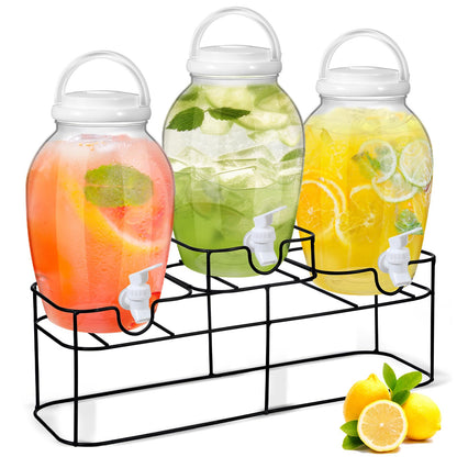 Tanlade 3 Pcs Plastic Drink Dispenser with Spigot and Metal Stand 1.2 Gallon Beverage Dispenser for Parties Juice Dispensers Lemonade Jar with Lids for Cold Drink Tea Water Container