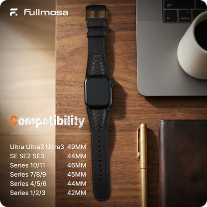 Fullmosa Leather Band Compatible with Apple Watch Ultra 3/2/1 Band 49mm 46mm 45mm 44mm 42mm Men, Top Grain Leather Replacement Strap for iWatch series 11 10 9 8 7 6 5 4 3 2 1, SE 3 2 1,Black+Black