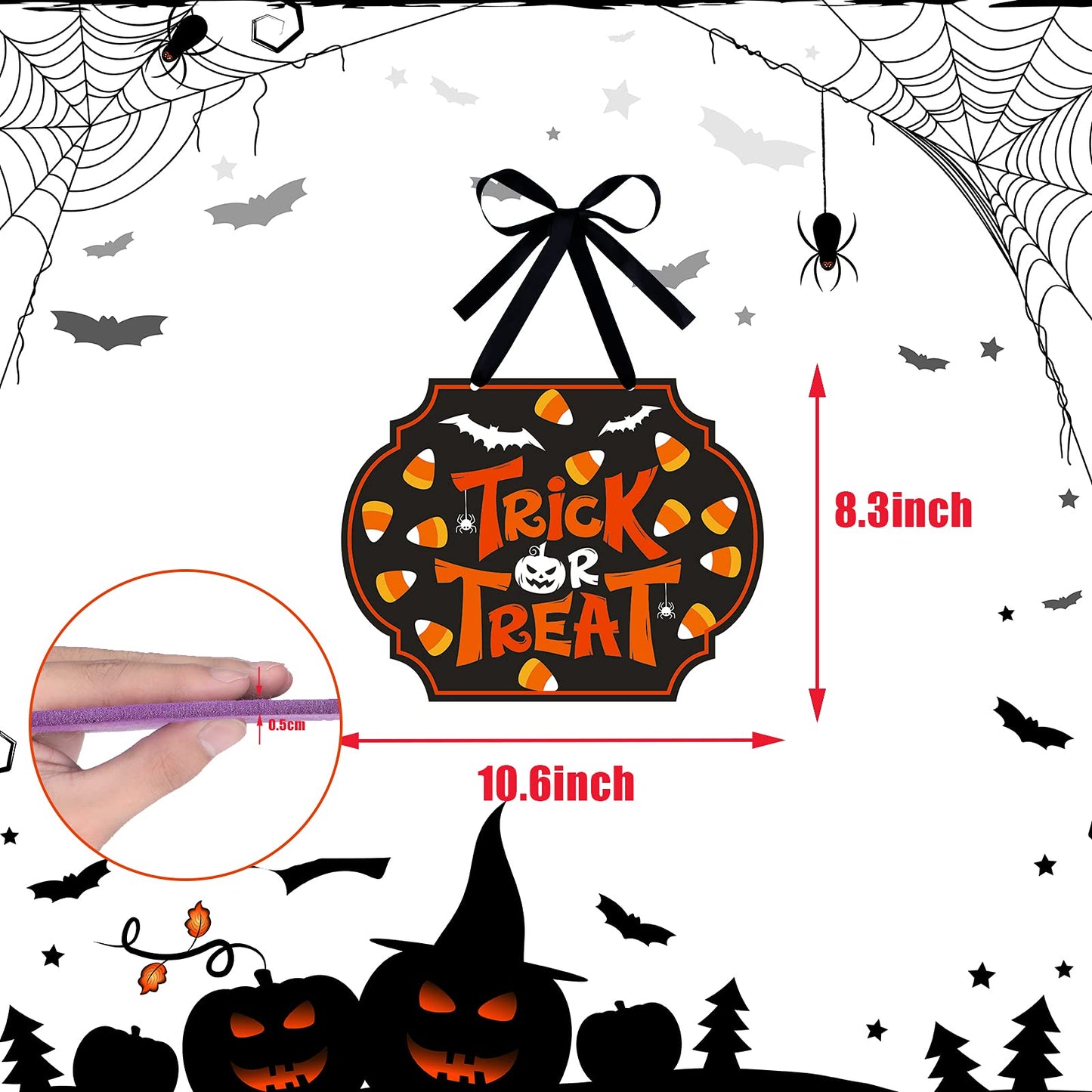 4 Pcs Halloween Felt Hanging Signs for Wreaths Happy Halloween Door Decorations Trick or Treat Wall Plaque Signs Pumpkin Witch Ghost Black Cat Bat Wall Decor Halloween Welcome Signs(Funny Style)