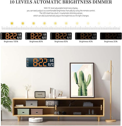 Digital Clock, Digital Wall Clock for Living Room Decor, Desk Alarm Clock for Bedroom, Large Wall Clock with Remote Control, Automatic Brightness Dimmer LED Clock with Date Temperature Week (Orange-W)