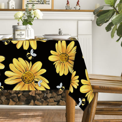 Horaldaily Summer Tablecloth 60×84 Inch Rectangular, Yellow Sunflower Bumble Bee Black Fall Washable Table Cover for Party Picnic Dinner Decor