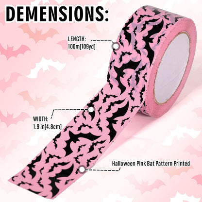 Whaline 109 Yard Halloween Packing Tape Pink Black Bat Decorative Gift Wrapping Tape for Small Business DIY Crafts Box Carton Decor