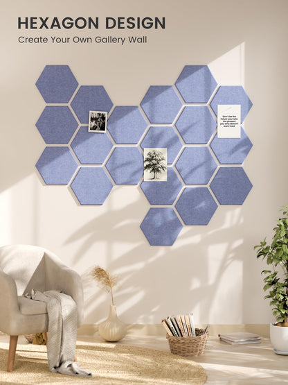 Fluxynara Hexagon Cork Board Alternative for Walls Decor-12-Pack Felt Bulletin Board Tiles,with 30 Pushpins,70 Adhesive Tabs for Office,Classrooms & Home Pin Board Felt Board-Soft Periwinkle