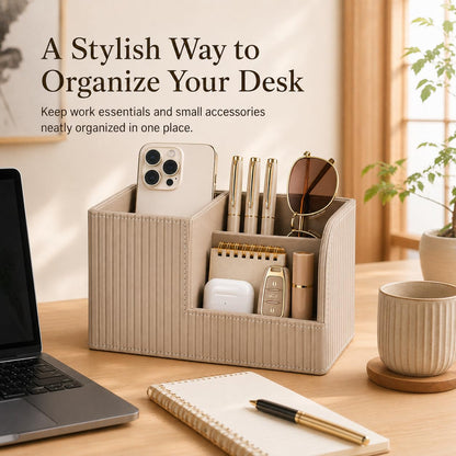 KINGFOM Desk Pen Organizer Office Supplies Caddy Pu Leather Multi-function Storage Box Pen/Pencil,Cell phone, Business Name Cards Remote Control Holder (Mocha Beige)