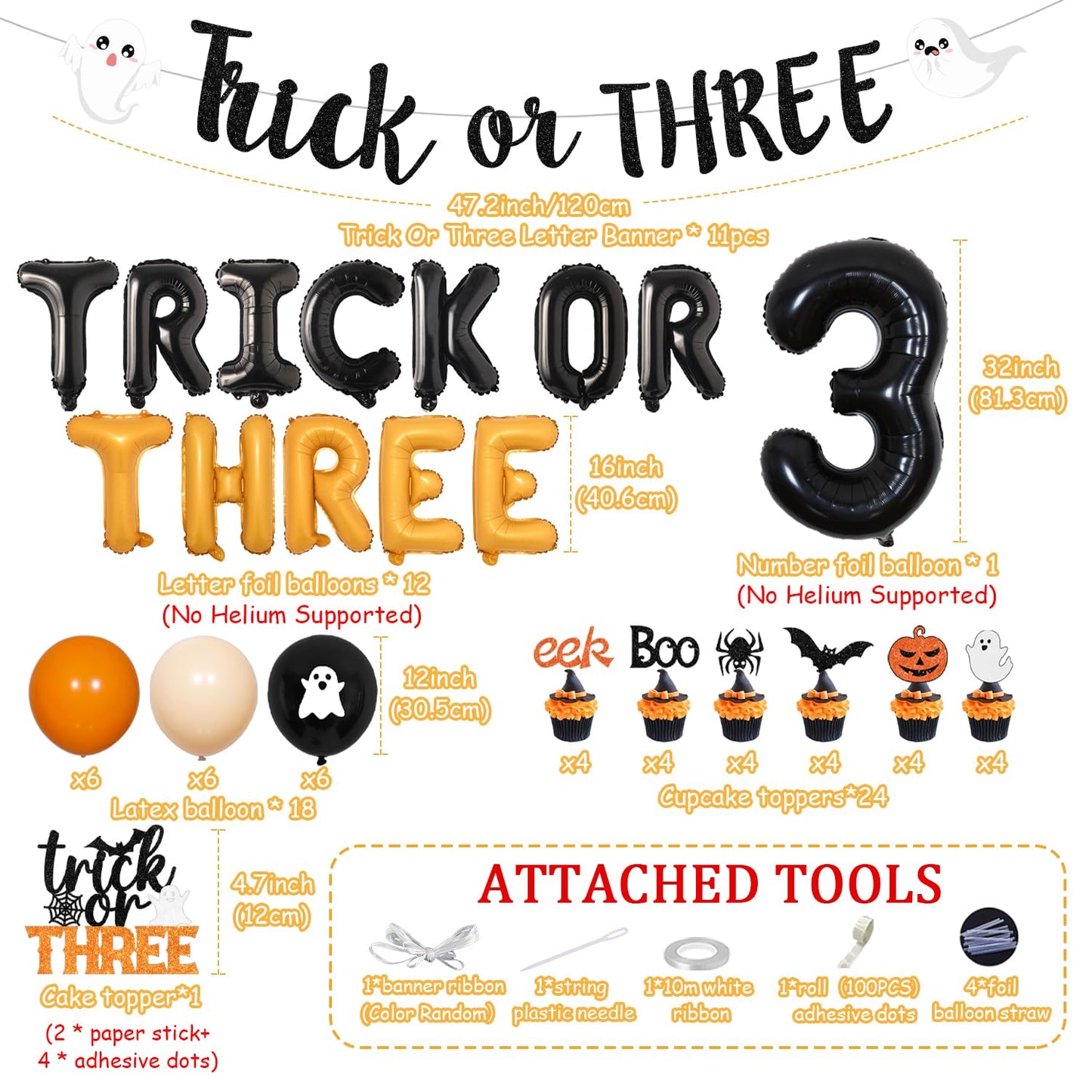 Trick or Three Theme Halloween 3rd Birthday Party Decorations Number 3 Trick or Three Foil Balloons Banner Garland Orange Black Cake and Cupcake Toppers for Halloween 3rd Birthday Party Decor Supplies