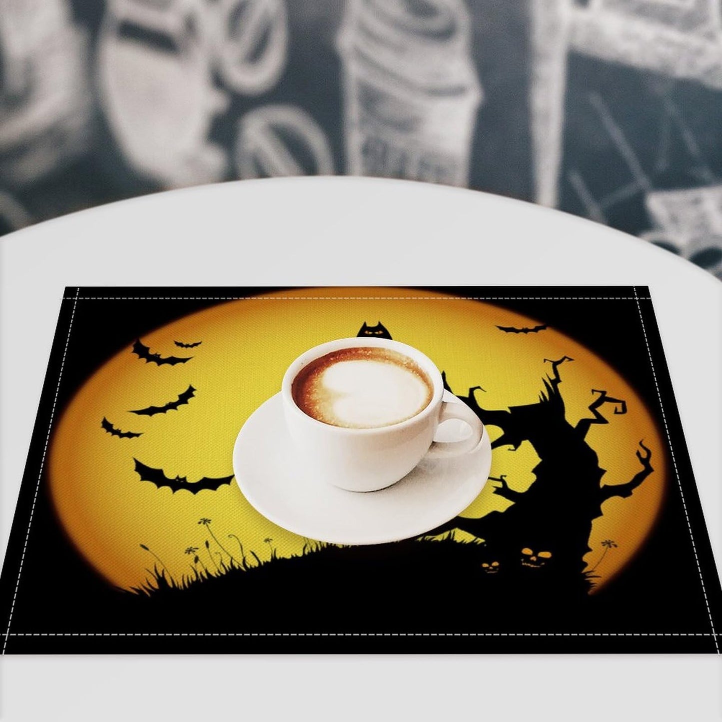 Halloween Placemats Set of 4, 17x12 Inch Orange Moon Scary Pumpkins Bats Owls Black Silhouette Table Mats for Home Party Kitchen Dining Decor