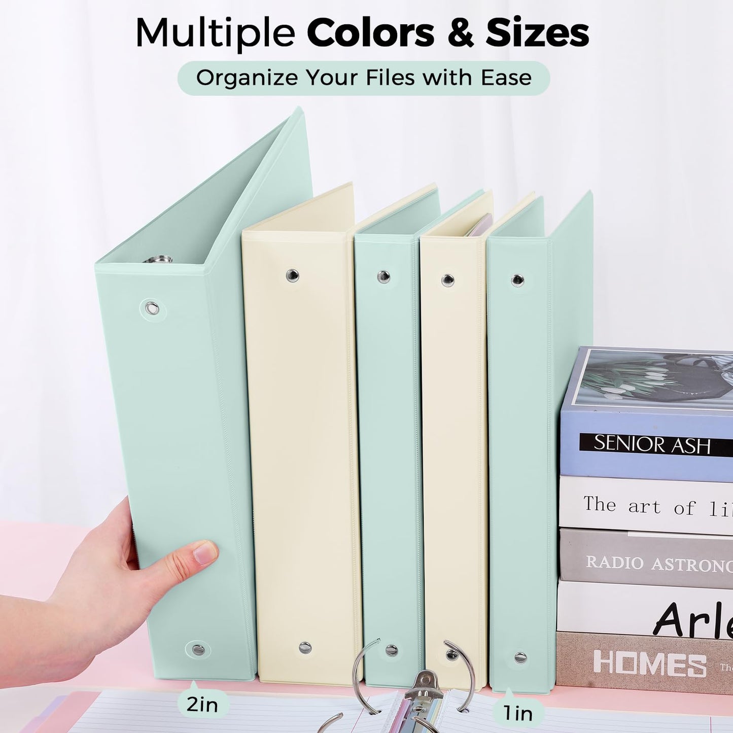 SKYDUE 1 Inch 3 Ring Binder with 8 Tab Dividers & 24 Labels, Pastel Binder Organizer for Letter Size Paper, Aesthetic School Binder for Notes, Documents, Office & Home Organization, Green