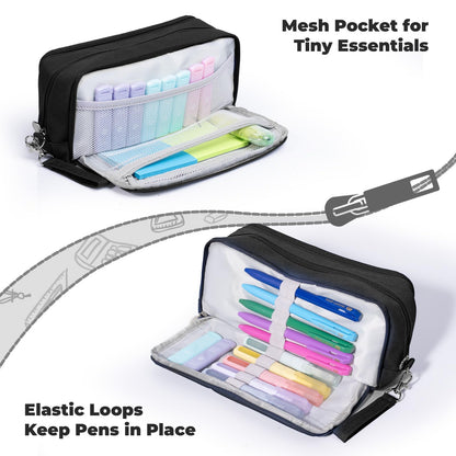 Four Candies Black Pencil Case 3 Compartment Pouch, Large Pencil Pouch for School, Girls, Teen Boys, Women, Black, Removable Handle & Zipper, Cute Pencil Bag for Office, College