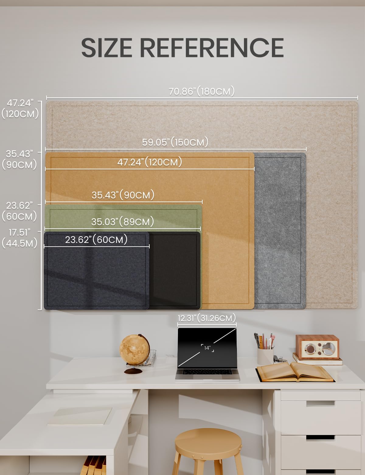 Fluxynara Bulletin Board, 35" x 17.5" Cork Board Alternative with 12 Safe Removable Adhesive Tabs, Foldable Felt Pin Board for Home Office, Classroom, Bedroom,Entryway for Walls—Light Gray