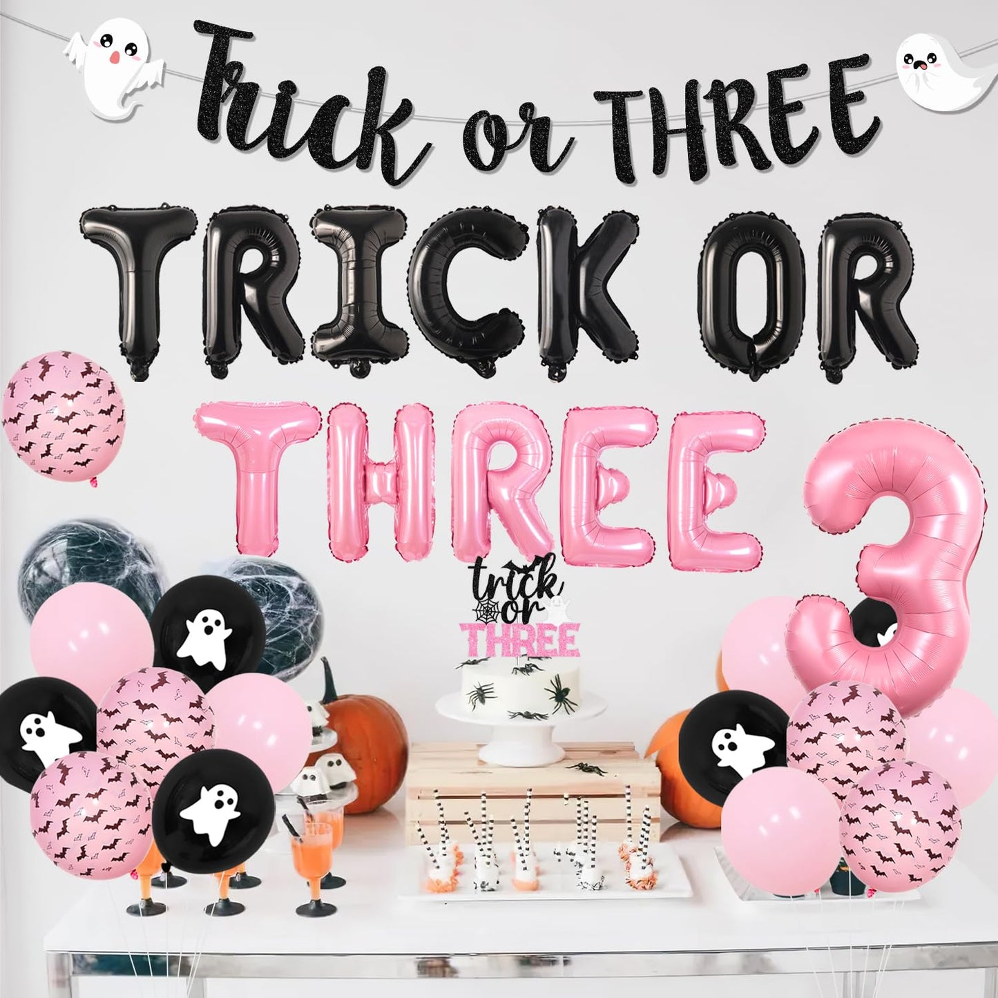 Pink Trick or Three Theme Halloween 3rd Birthday Party Decorations Trick or Three Foil Balloon Banner Garland Halloween Theme Cake Cupcake Toppers for Halloween Three Birthday Party Decor Supplies