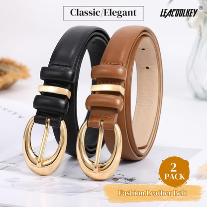 LEACOOLKEY 2 Pack Women Leather Belts for Jeans Dress Fashion Ladies Belt with Gold Silver Buckle