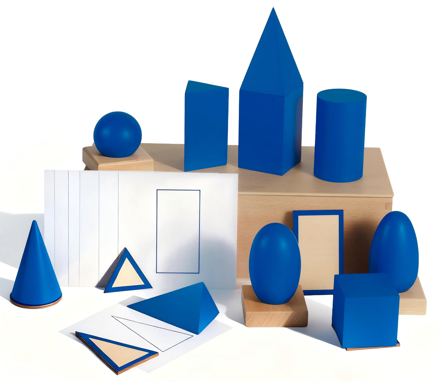 Premium Montessori Geometric Solids with Matching Cards – Solid Beechwood 3D Shapes, Plane Figures, Stands & Cards, Sensorial Geometry Materials for Spatial Awareness, Homeschool Classroom Kids 3-9