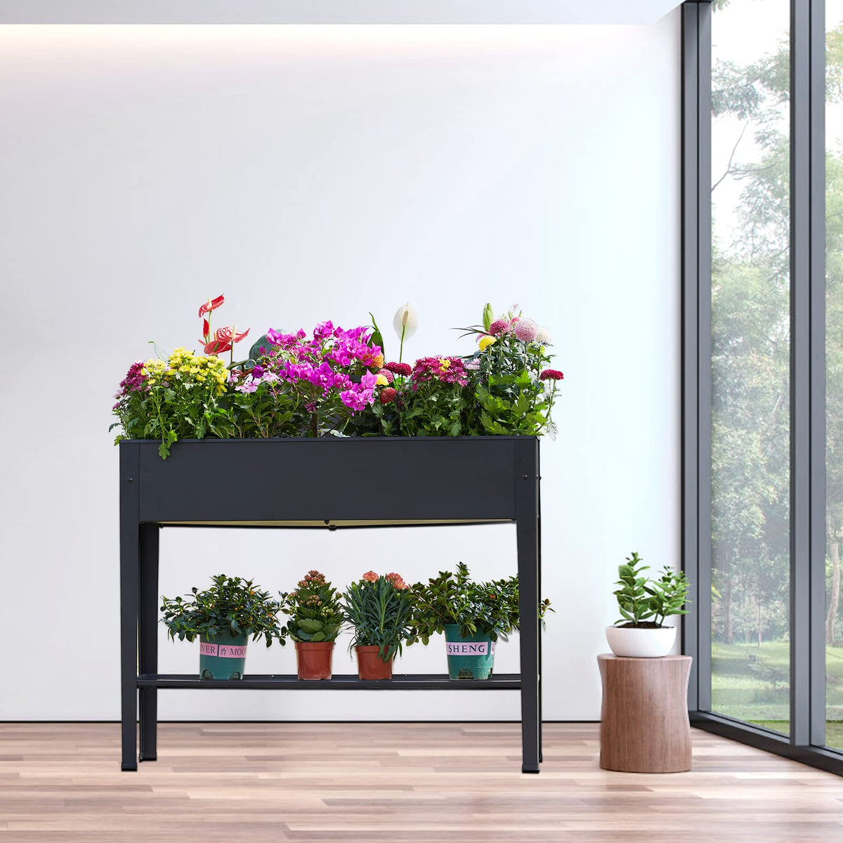 Piksedo Raised Garden Bed, Elevated Planter Black Metal Plant Box with Legs Standing Garden Stand Drainage Holes Black