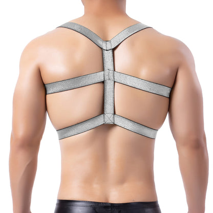 Man Harness Belt Body Chest Elastic Halter Nylon Shoulder Strap Club Wear Tops Black Silver