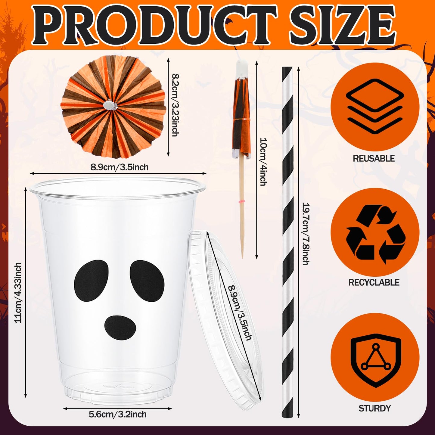 Chengu 50 Set Halloween Disposable Plastic Cups with Lids and Cocktail Paper Umbrella 12oz Pumpkin Face Disposable Cups Jack O Lantern Party Favors Halloween Trick or Treat Party Supplies