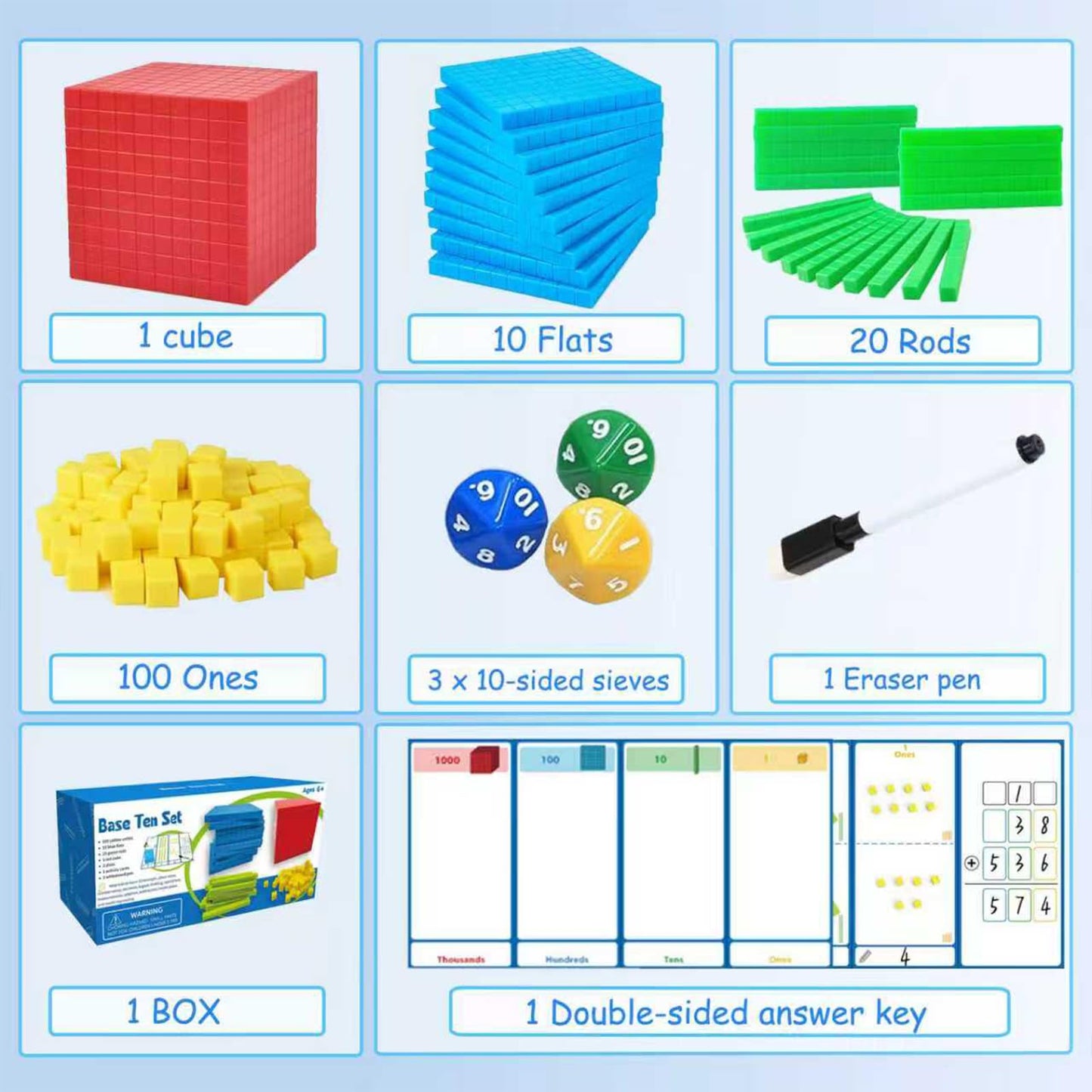 JUGGPENG Plastic Base Ten Blocks with Place Value Chart, Math Manipulatives for Kids, Math Cubes for Kindergarten 1st-3rd Grade, Counting Cubes for Math Learning Tools, 137 Pcs