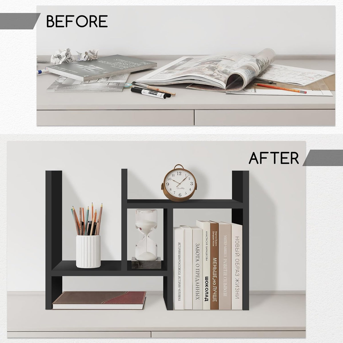Jerry & Maggie Desktop Organizer Office Storage Rack Adjustable Wood Display Shelf Free Style Double H, Multi-Functional Mini Bookshelf for Desk Natural Stand (Black)