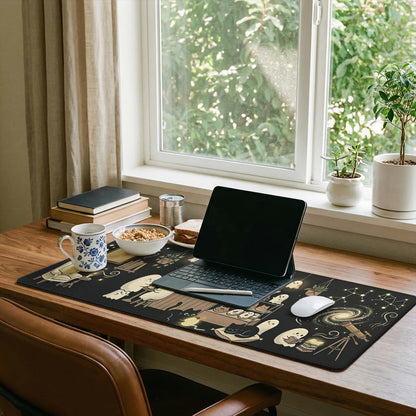 Cute Ghost Desk Pad Mouse Pad Halloween Cozy Spooky Black Cat Extended Gaming Mouse Pad Mat with Stitched Edge Non-Slip Base Big Mousepad 31.5 x 11.8 Inch