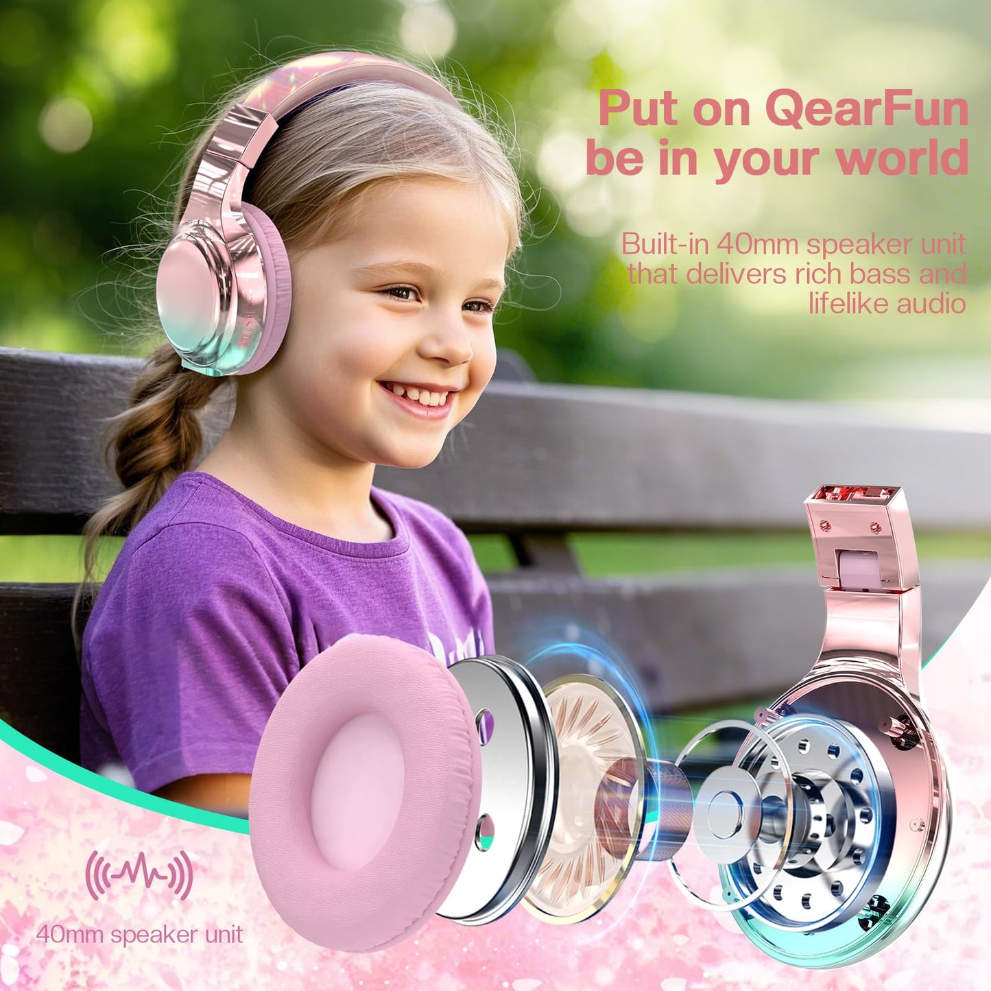 QearFun Kids Bluetooth Headphones, 60H Playtime, 74/85/94dB Safe Volume Limit, Metallic Gradient Wireless Headset with HD Mic, Fast Charging, Foldable, Wired 3.5mm Mode for School/Tablet/Travels