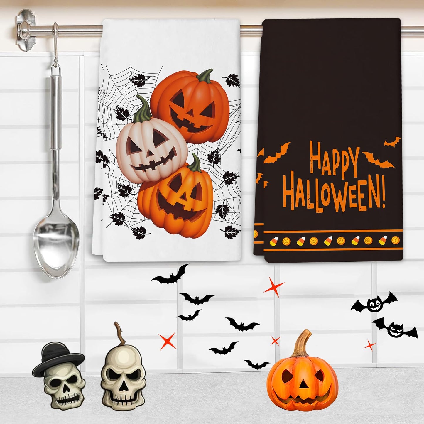 FJTP Happy Halloween Kitchen Towels 18 x 26 Inch Pumpkin Ghosts Bat Spider Web Dish Towel Ultra Absorbent Hand Drying Tea Towel for Kitchen Bathroom Party Halloween Decorations Set of 2