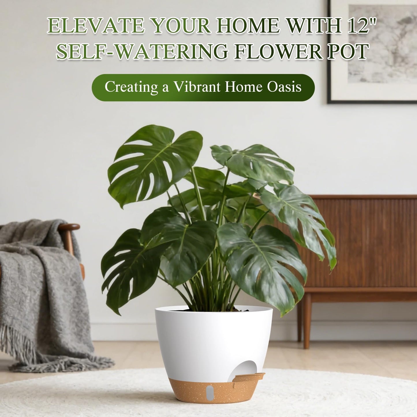 KUGAZ Self Watering Pots with Drainage Holes, 3 Pack 12/10/8 Inch Plant Pots with Water Level Indicator Deep Reservoir, Large Plastic Planter for Indoor Outdoor Plants - White Brown