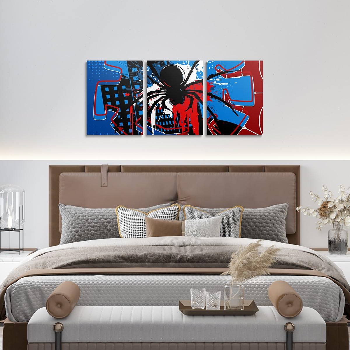 Spider Web Canvas Wall Artwork Decor,Spider Arachnid Insect Animal Wall Painting,Boys Girls Men Room Decor,Modern Block Halloween Poster Pictures,Red Blue Unique 3 Pieces Framed Canvas Wall Art