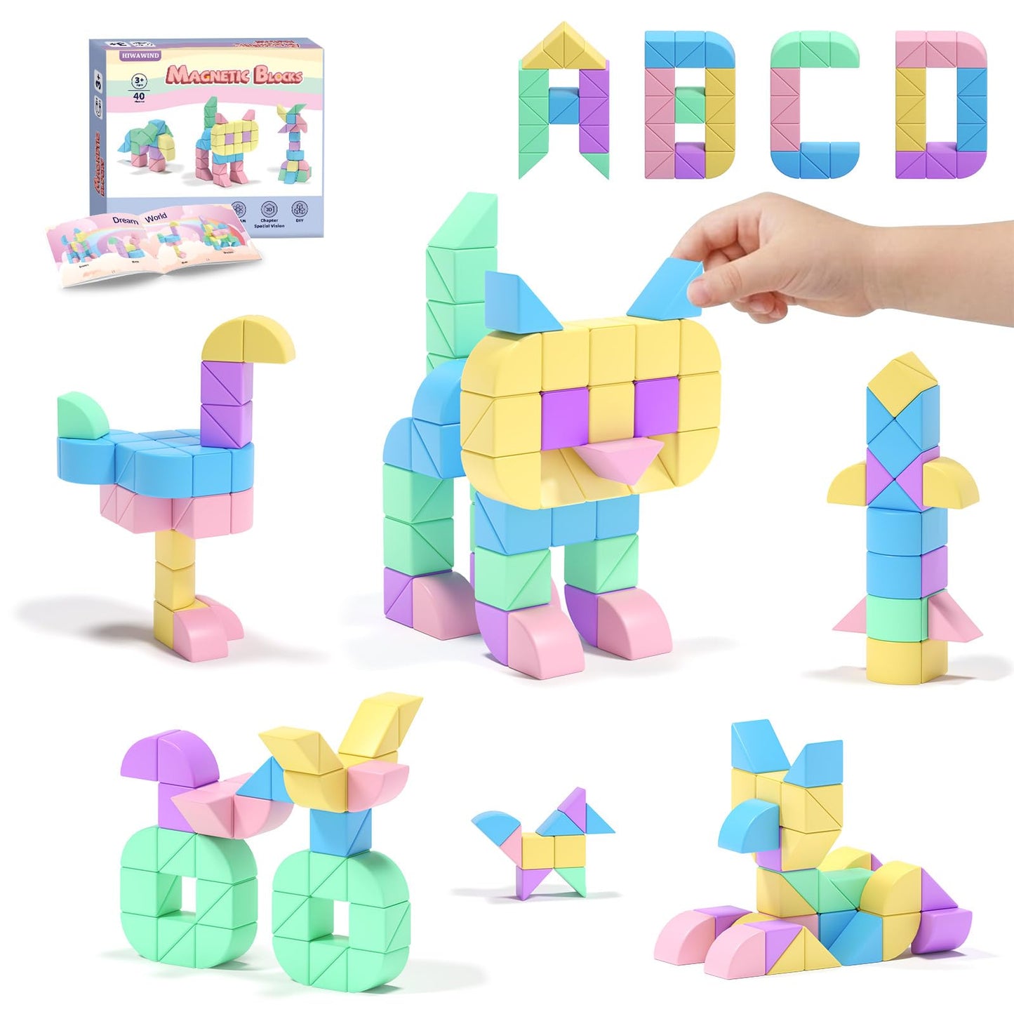 Hiwawind 40Pcs Magnetic Blocks, 1-Inch Pastel Rainbow Magnetic Cubes (Triangles & Quarter Circles), Montessori Sensory Autism Toys for Boys & Girls, Ideal for Kids Ages 3+