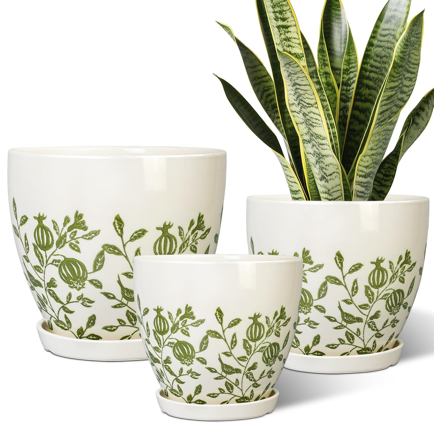 MPotTo Ceramic Flower Pots Indoor - 10+8+6 Inch Ceramic Planters for Outdoor Plants, Boho Round Planter Pots with Drainage Holes and Saucers, Plant Lover Gifts, Patio Decor, Set of 3, White