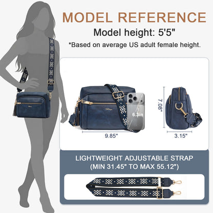 HILAEX Small Leather Crossbody Bags for Women Anti theft Purses and Handbag Shoulder Hangbag with Wide Strap Tassel Navy Blue