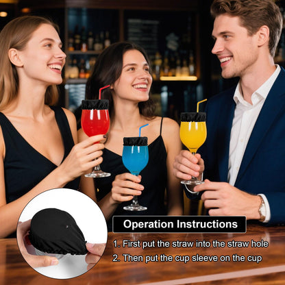 50pcs Drink Covers, Polyester Elastic Stretchable Washable Drink Protector with Straw Hole Bottle Protection Accessories Fits Most Cups for Bar Club Party (Black)