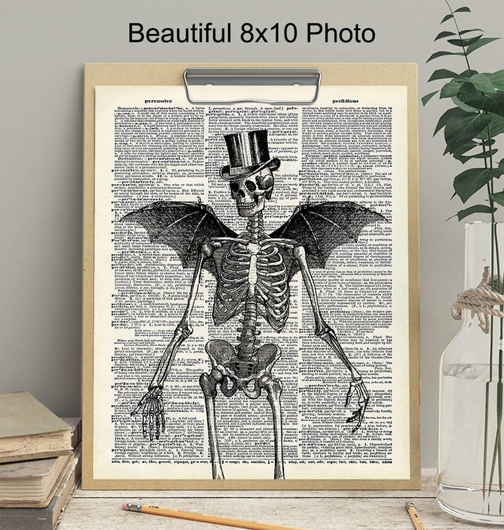 Skeleton Decor - Bat Wall Decor - Steampunk Decoration - Gothic Home Print Wall Art - Goth Room Picture - Gothic Gifts - Medieval Art - Creepy Scary Poster 8x10 - Halloween Decorations - Skull Picture